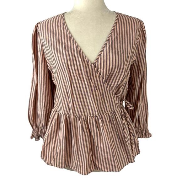 Madewell Blouse Women's Puff-Sleeve Peplum Wrap Top in Stripe Medium Mc794 - Picture 2 of 15